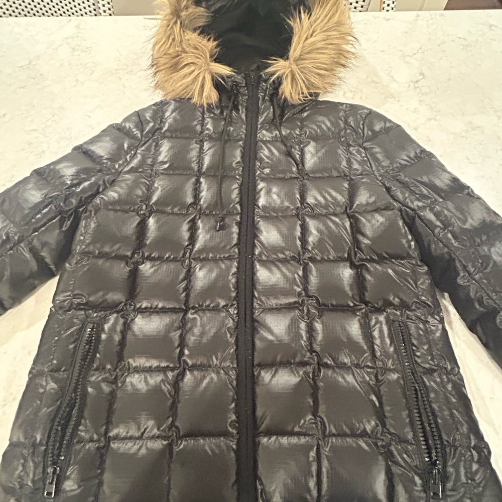 J. Crew Shiny Black Down Puffer Jacket with Faux Fur Trim